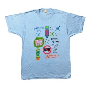 VTG Skate Or Die Skateboard Neon TShirt Single Stitch Screen Stars Tag Sz L Blue